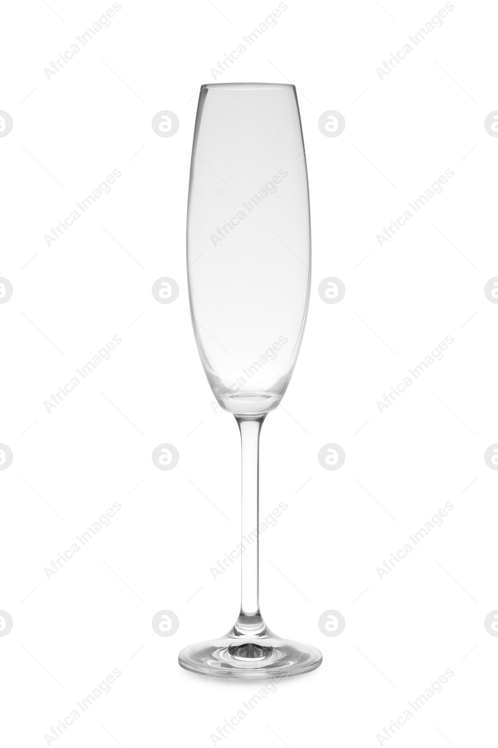 Photo of Empty clear champagne glass on white background