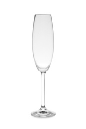 Photo of Empty clear champagne glass on white background