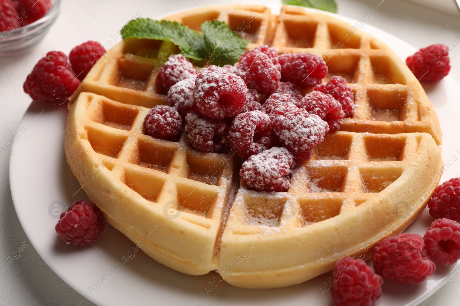 Photo of Tasty Belgian waffle with fresh raspberries, powdered sugar and mint on table, closeup
