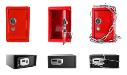 Image of Set of steel safes on white background