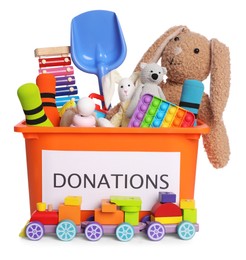 Photo of Donation box and different toys isolated on white