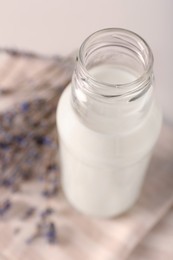 Photo of Bottle of tasty milk on light table, above view