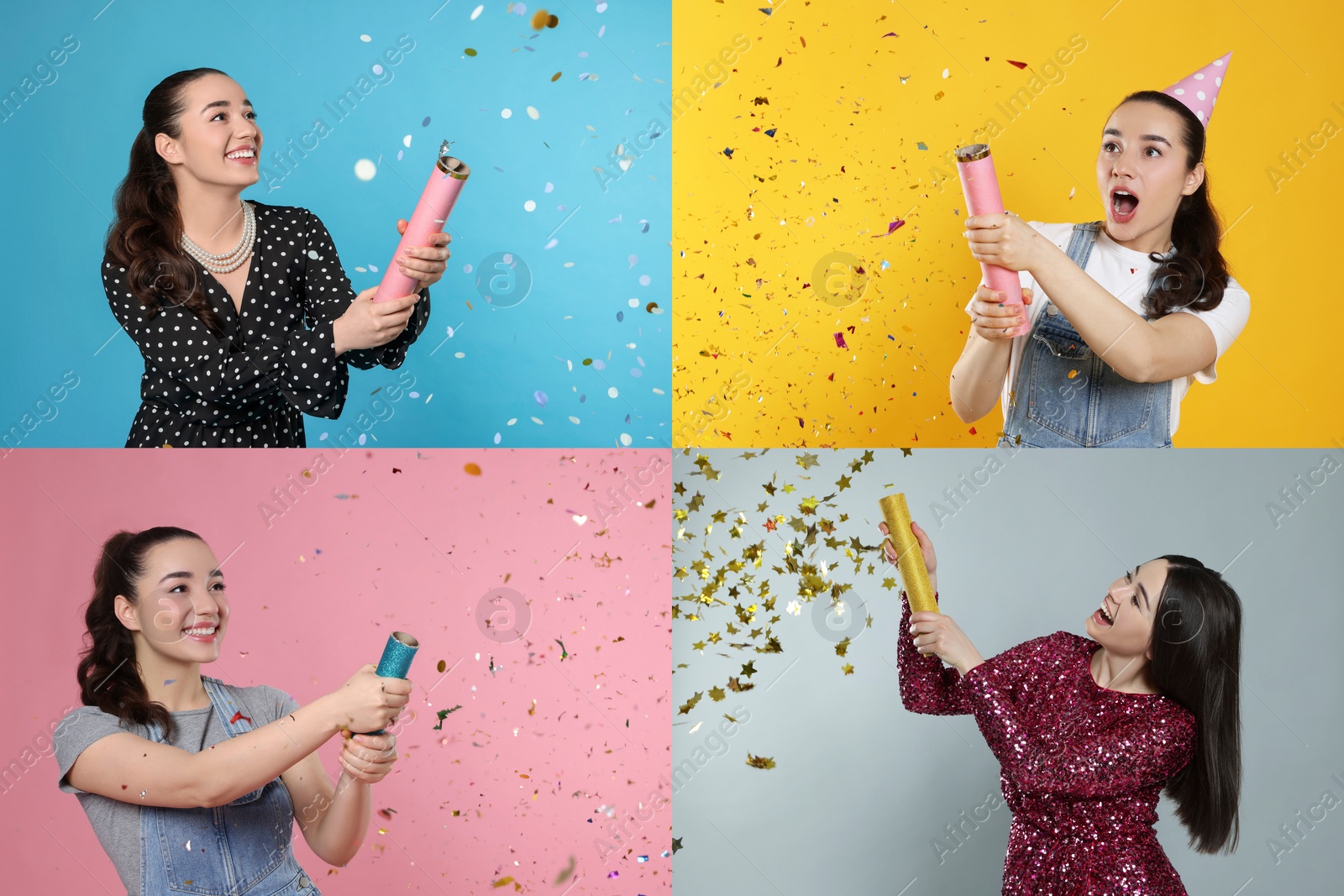Image of Collage with photos of beautiful women blowing up party poppers on different color backgrounds