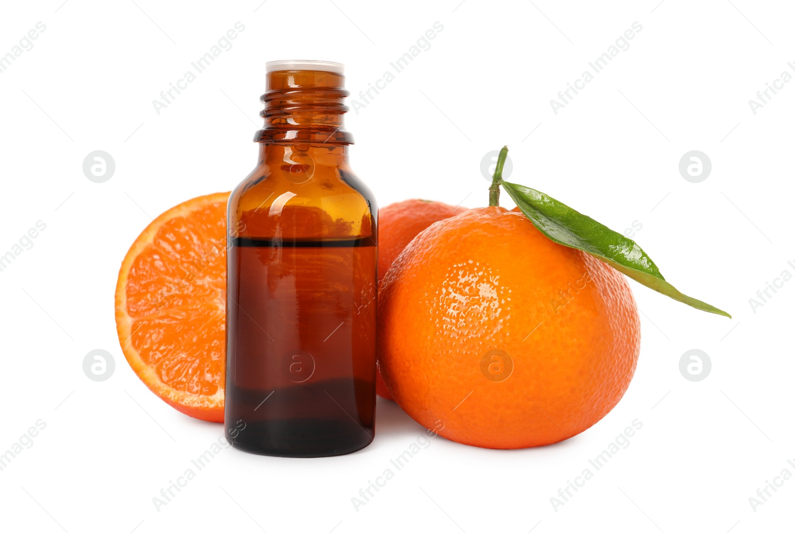 Photo of Aromatic tangerine essential oil in bottle and citrus fruits isolated on white