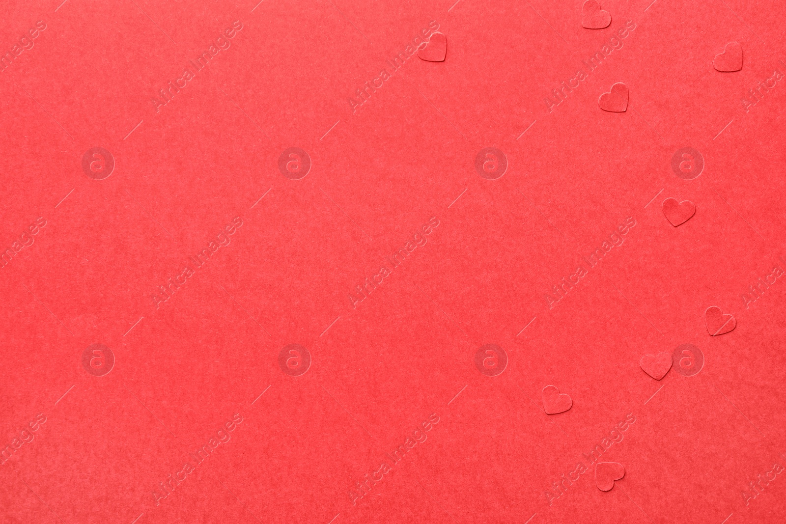 Photo of Paper hearts on red background, flat lay. Space for text