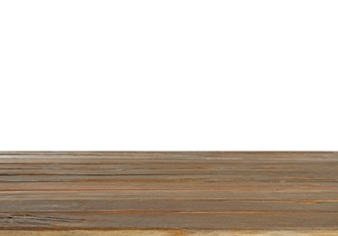 Photo of Empty wooden table on white background. Mockup for design