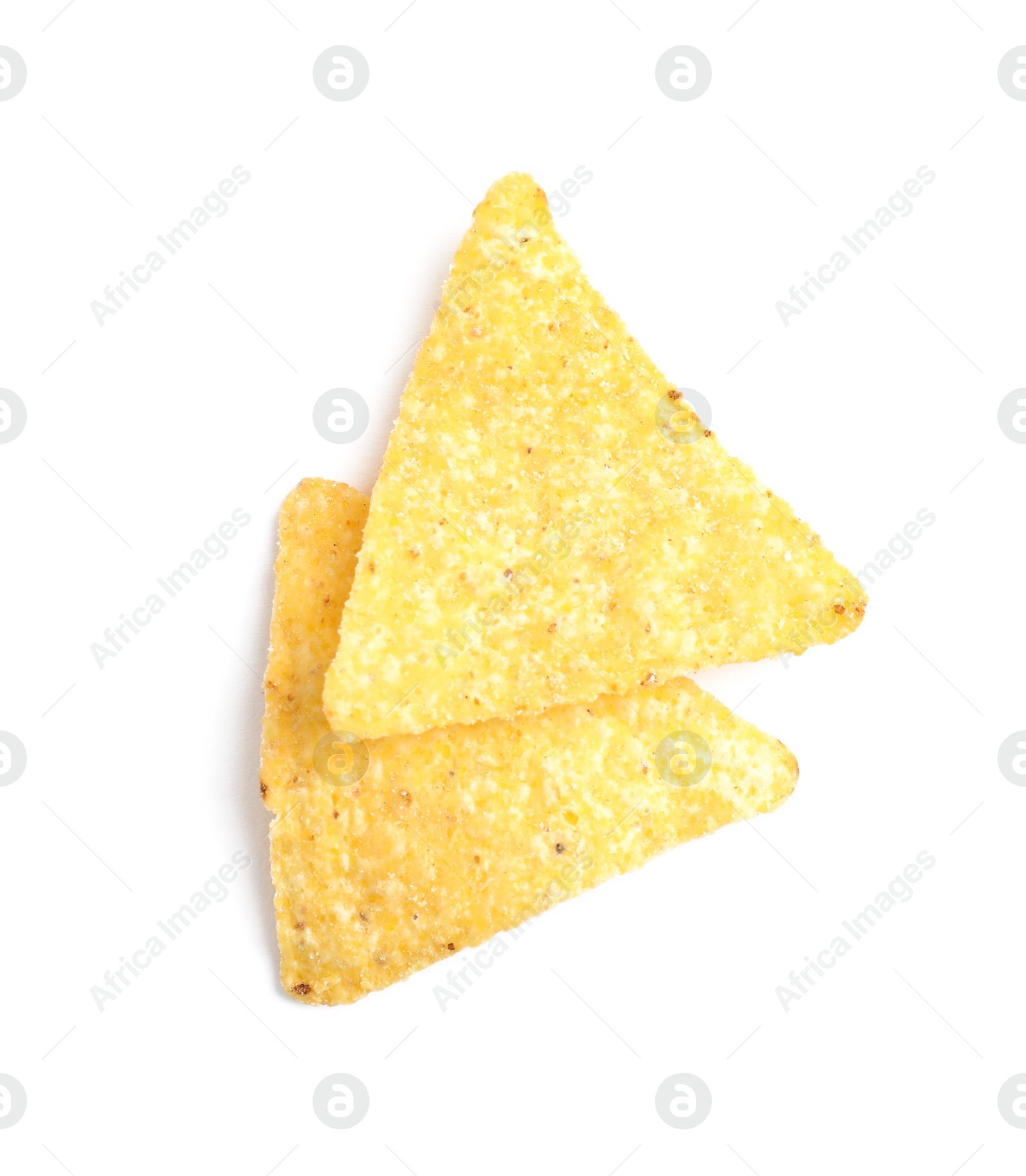 Photo of Tasty Mexican nachos chips on white background, top view