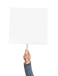 Man holding blank protest sign on white background, closeup