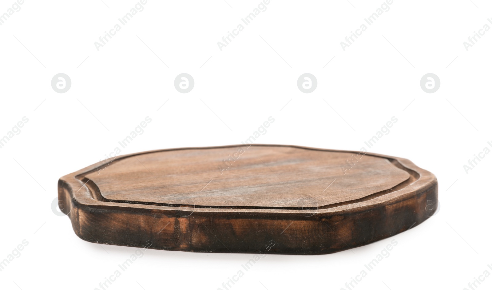 Photo of Wooden board on white background. Kitchen accessory