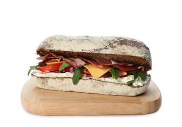 Delicious sandwich with fresh vegetables and prosciutto isolated on white