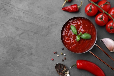 Photo of Flat lay composition with pan of chili sauce and ingredients on grey table. Space for text