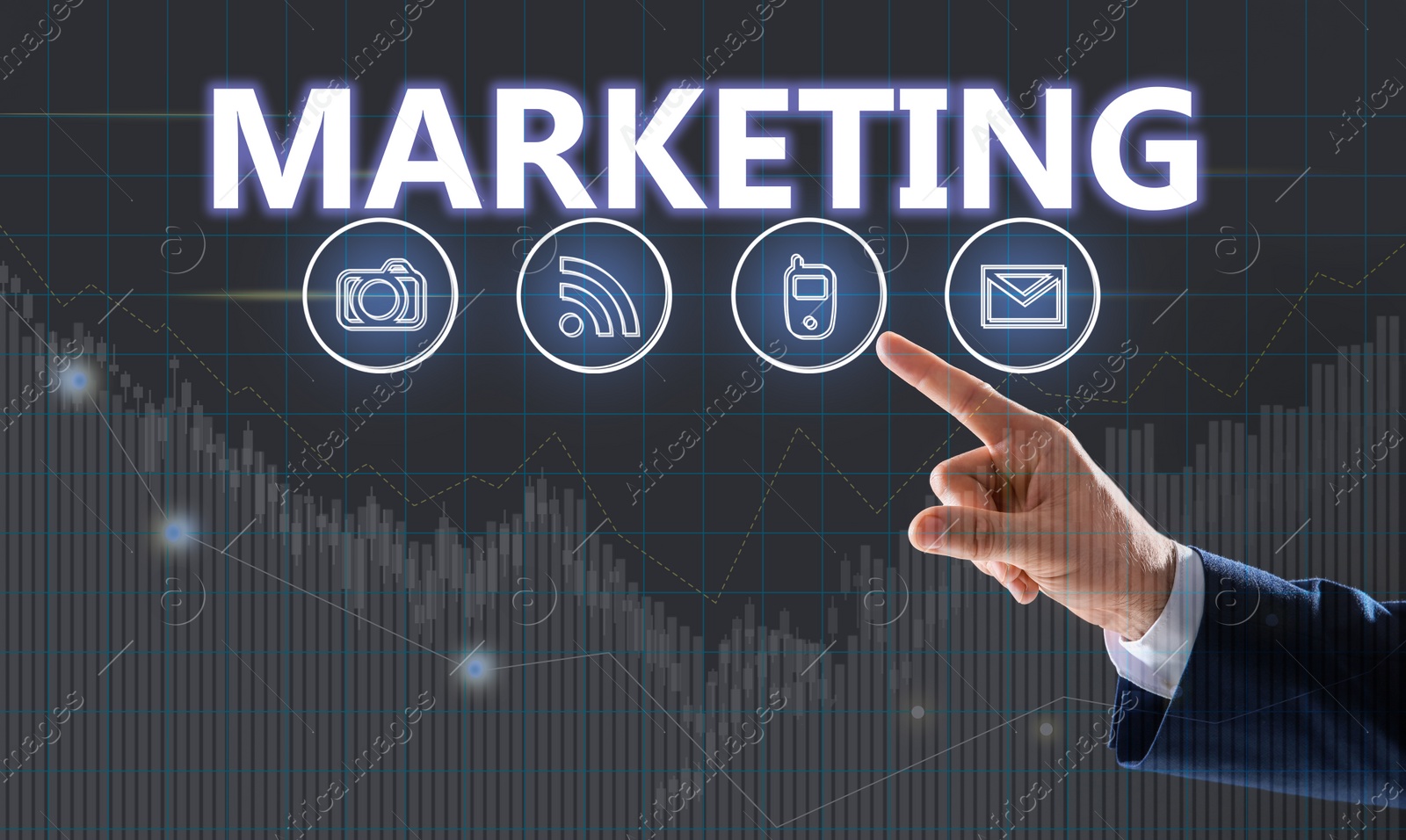 Image of Marketing concept. Businessman pointing at icons on digital screen, closeup. Banner design