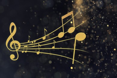 Image of Music notes on dark background, bokeh effect