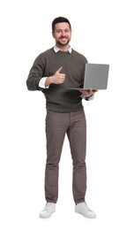 Handsome bearded businessman with laptop on white background