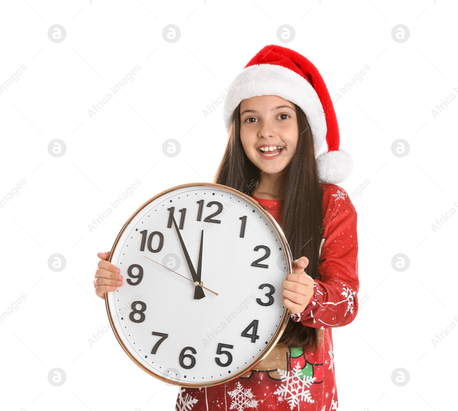Photo of Girl in Santa hat with clock on white background. New Year countdown