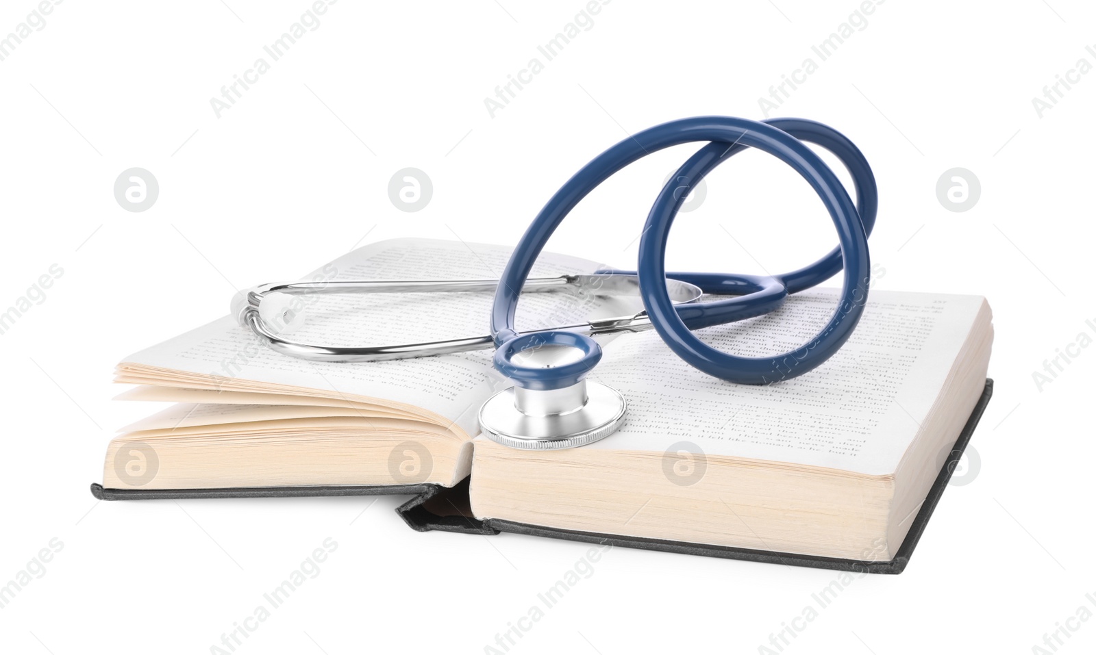 Photo of Open student textbook and stethoscope on white background. Medical education