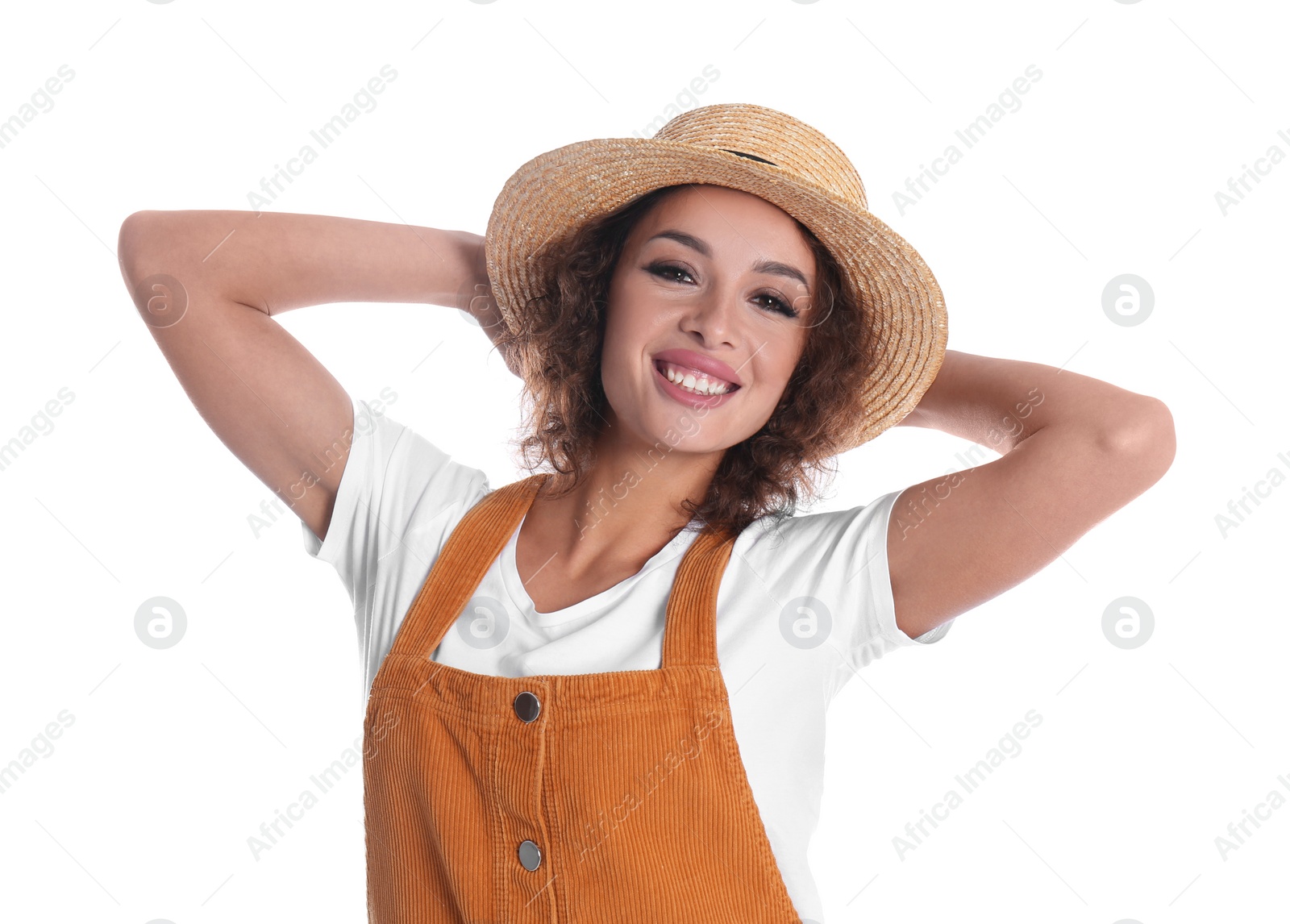 Photo of Beautiful woman in casual outfit on white background