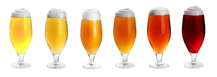 Set with glasses of cold tasty beer on white background. Banner design