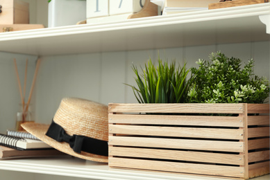 Photo of White shelving unit with plants and straw hat