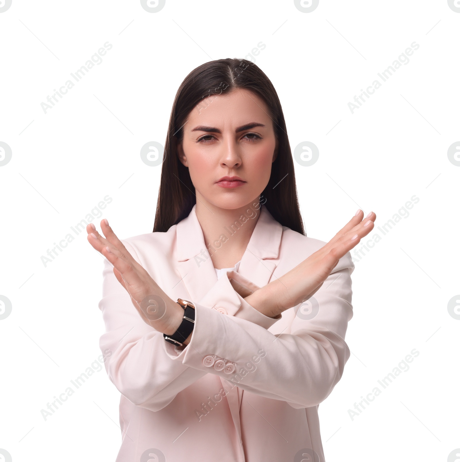 Photo of Beautiful young businesswoman in suit on white background