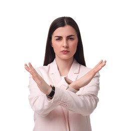 Beautiful young businesswoman in suit on white background