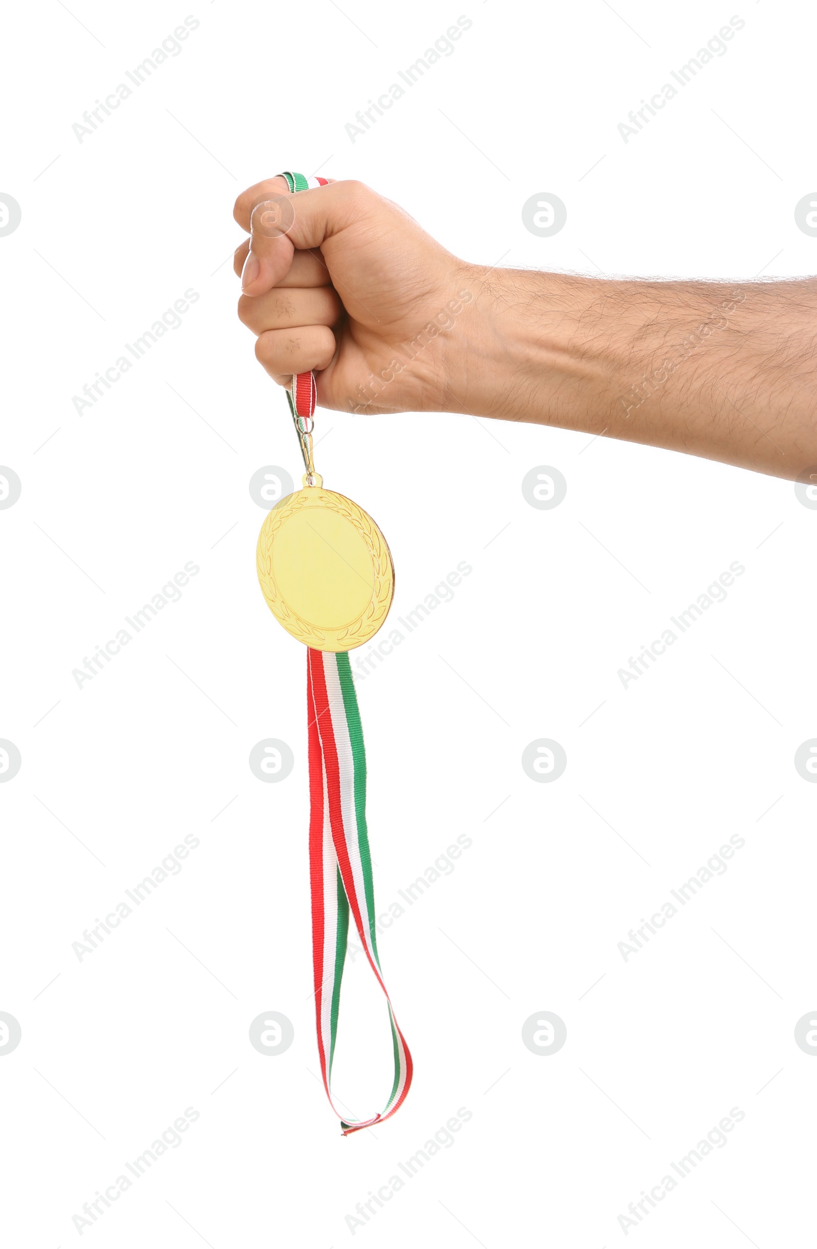 Photo of Man holding golden medal on white background, closeup. Space for design