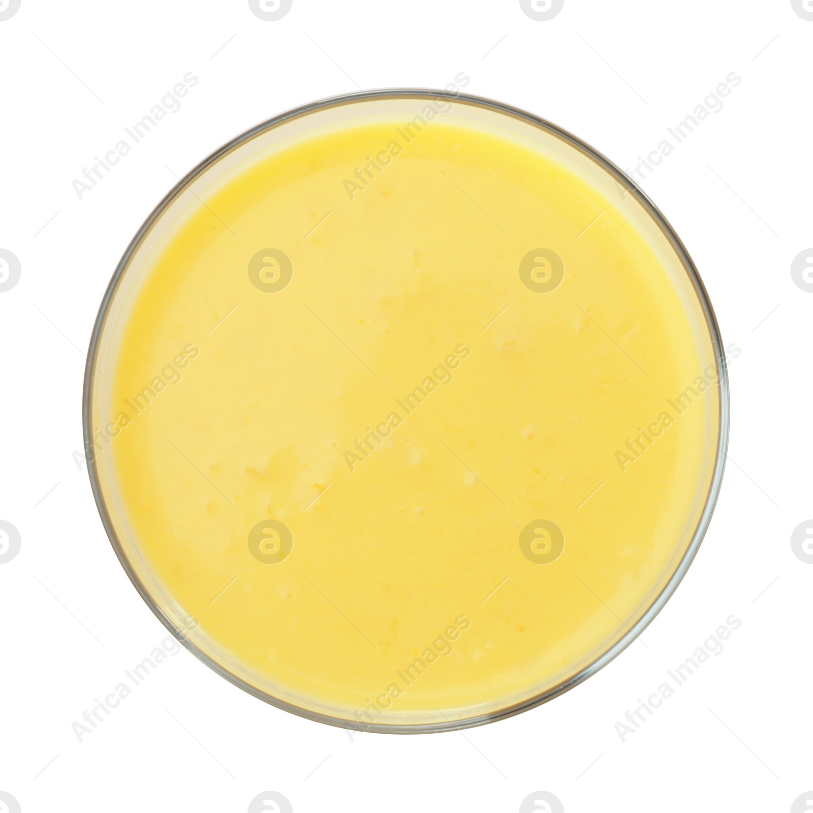 Photo of Glass with delicious detox smoothie on white background, top view