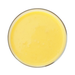 Photo of Glass with delicious detox smoothie on white background, top view