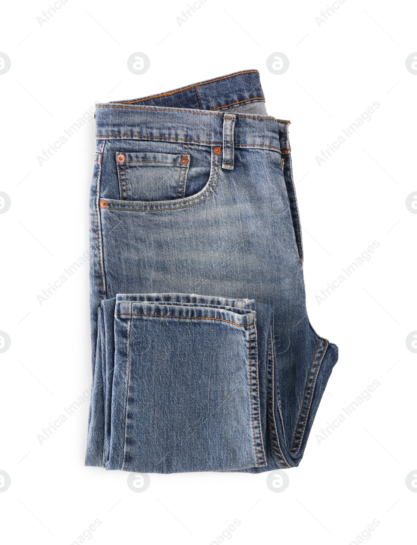 Photo of Blue jeans isolated on white, top view. Stylish clothes