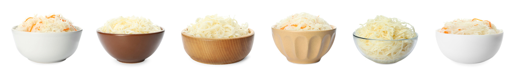 Image of Set of tasty fermented cabbage isolated on white. Banner design 