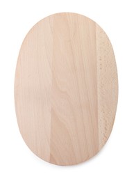 Photo of One wooden cutting board isolated on white, top view