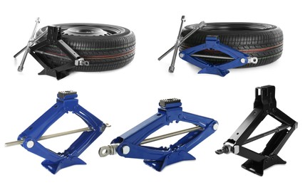 Image of Set with scissor jacks,  cross torque wrenches and wheels on white background 