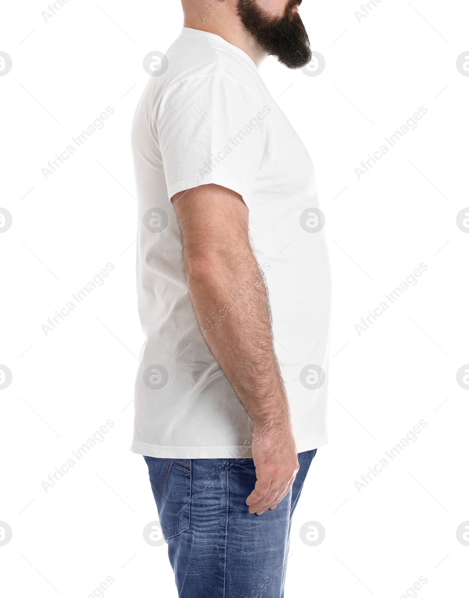 Photo of Overweight man isolated on white, closeup. Weight loss