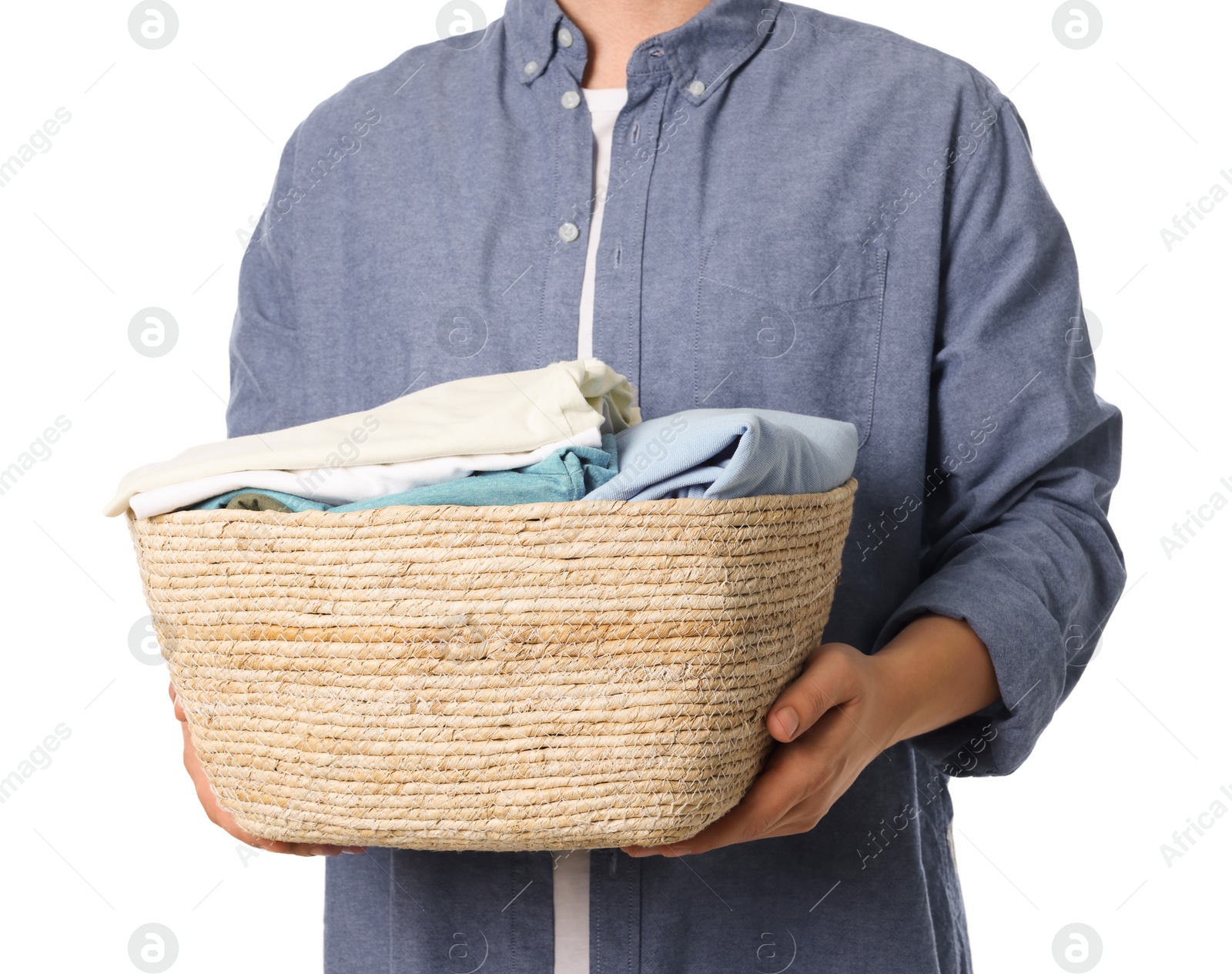 Photo of Man with basket full of laundry on white background, closeup