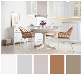 Image of Light and cozy dining room with furniture. Color palette matching to this interior design