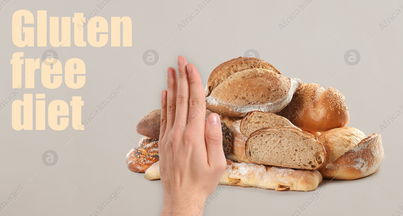 Image of Gluten free diet. Man refusing from bakery products on light grey background, closeup. Banner design