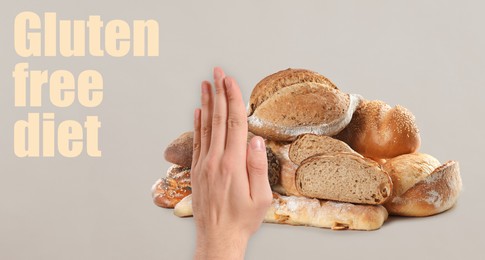 Image of Gluten free diet. Man refusing from bakery products on light grey background, closeup. Banner design