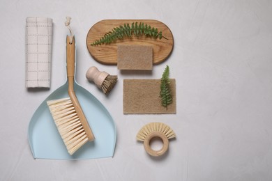 Photo of Cleaning brushes, scoop, sponges, towel and fern leaves on light grey background, flat lay. Space for text