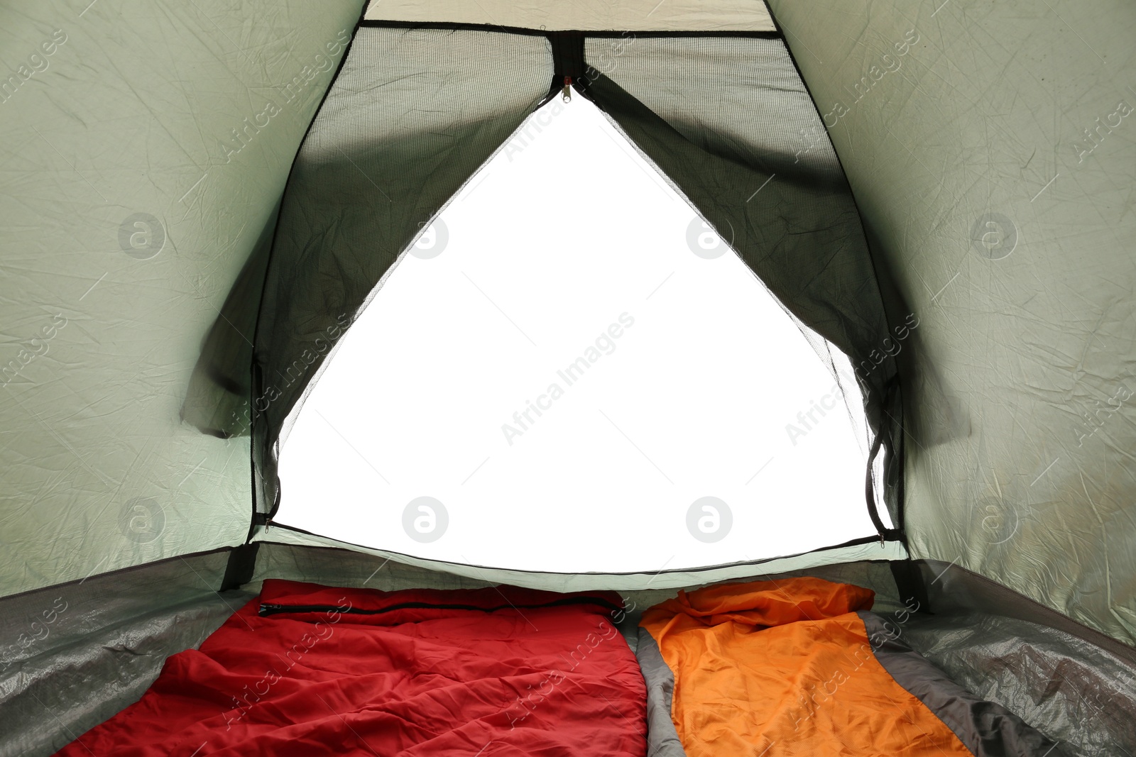 Photo of Camping tent on white background, view from inside