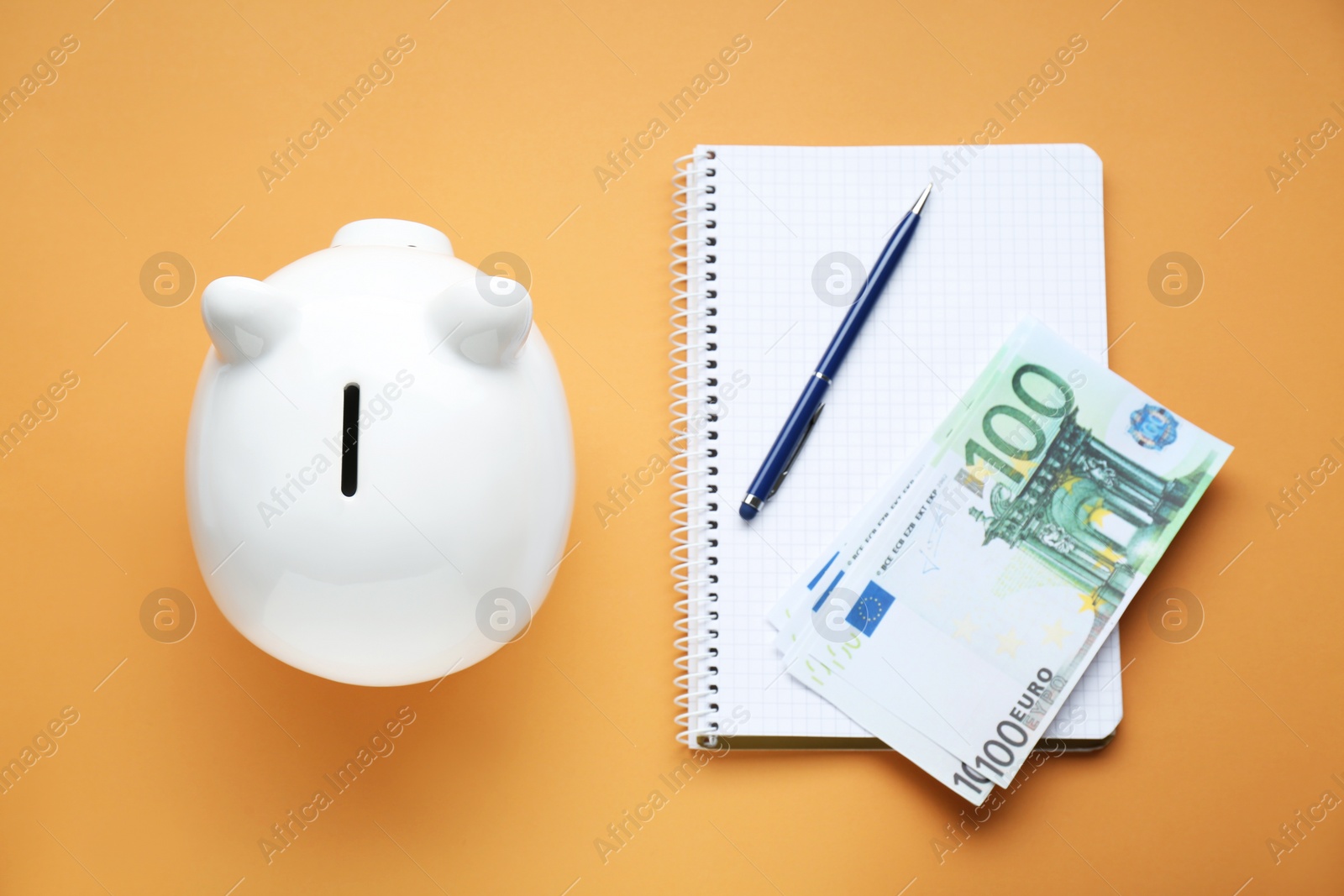 Photo of Piggy bank, banknotes and notebook on orange background, flat lay