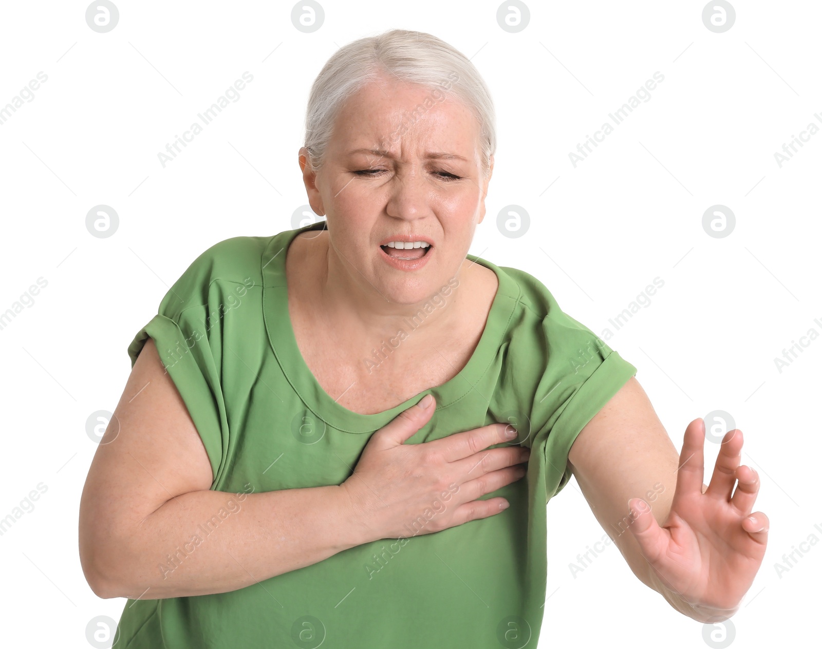 Photo of Mature woman having heart attack on white background