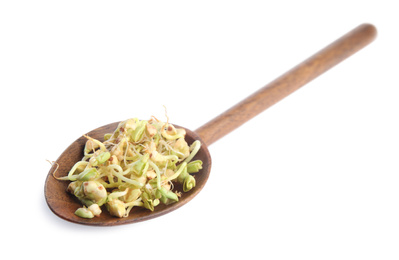 Photo of Wooden spoon of sprouted green buckwheat isolated on white