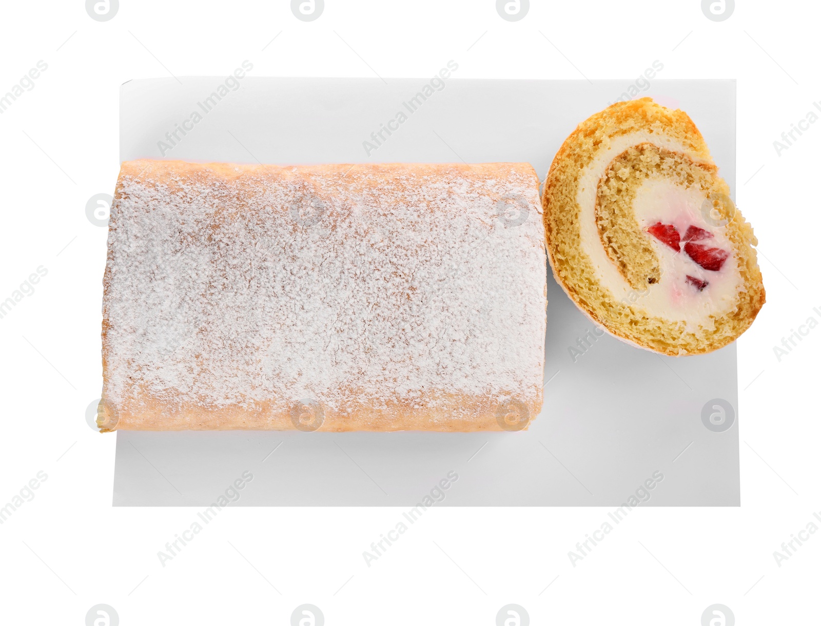 Photo of Delicious sponge cake roll with strawberries and cream on white background, top view