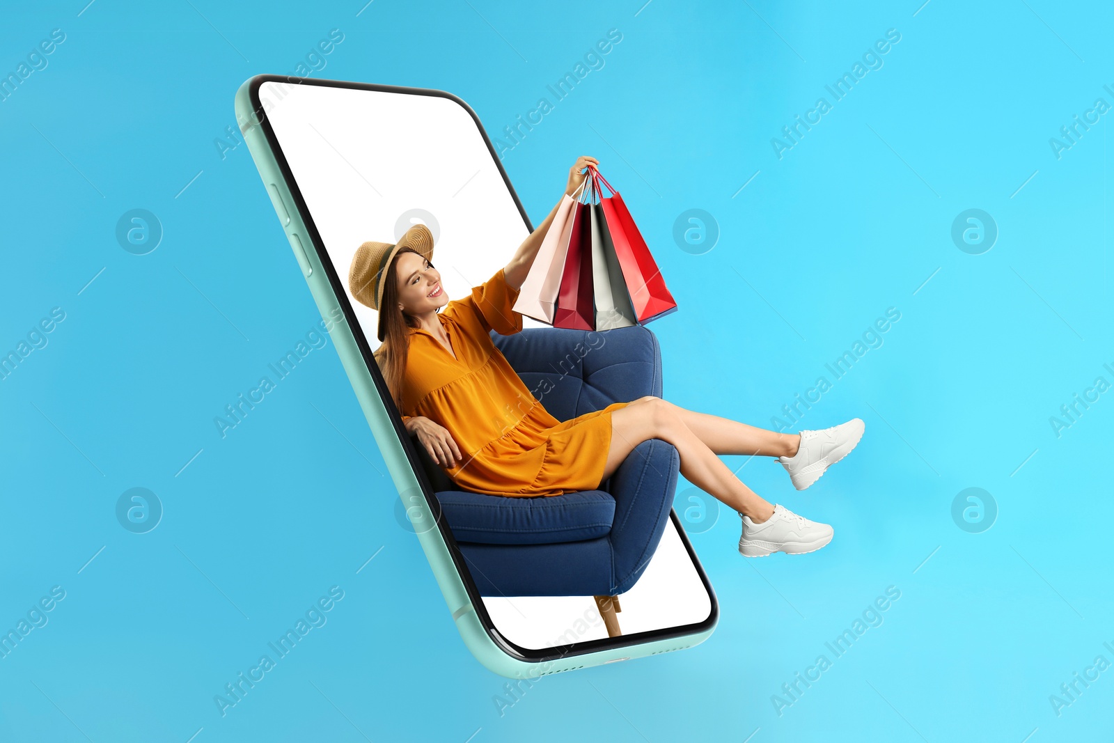Image of Online shopping. Happy woman with paper bags in armchair looking out from smartphone on light blue background