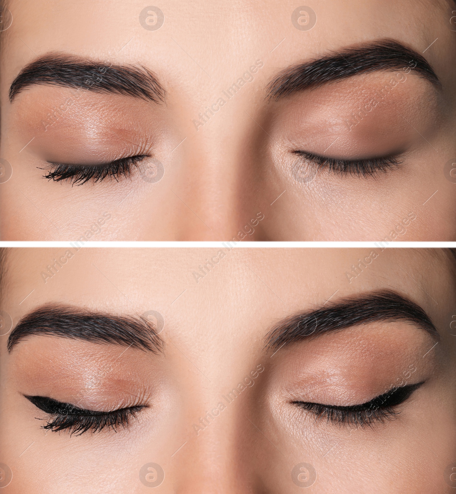 Image of Collage with photos of woman before and after applying eyeliner, closeup view