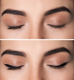 Image of Collage with photoswoman before and after applying eyeliner, closeup view
