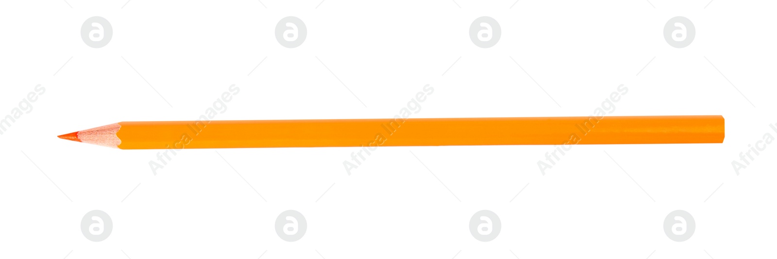 Photo of Orange wooden pencil on white background, top view. School stationery