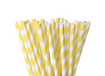 Striped paper cocktail tubes on white background