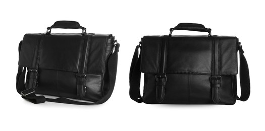 Image of Stylish black leather briefcases on white background, collage. Banner design
