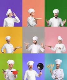 Image of Collage with photos of professional chefs on different color backgrounds